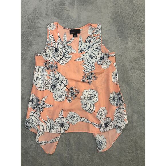 Y2K Attention Floral Blouse XS Coral Pink Sleeveless Asymmetrical Hem Tank Top - Picture 1 of 8